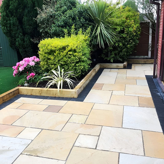 Mint Fossil Indian Sandstone Paving - Patio Pack - Mixed Sizes - Tumbled & Riven