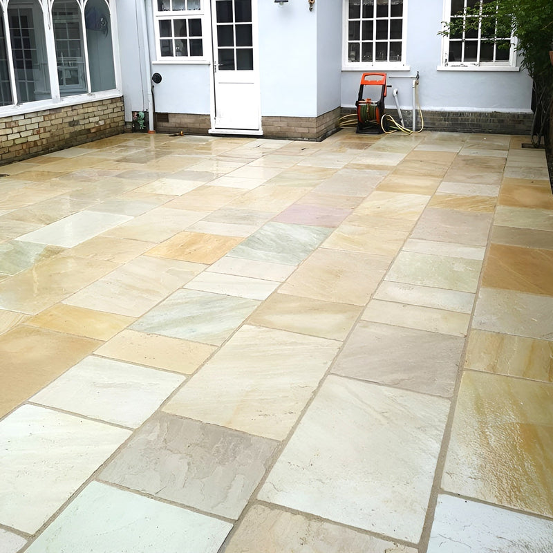 Load image into Gallery viewer, Mint Fossil Indian Sandstone Paving - Patio Pack - Mixed Sizes - Tumbled &amp; Riven
