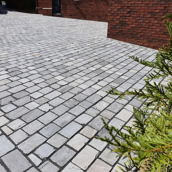 Kandala Grey Sandstone Block Paving - 150 x 150 x 50mm - Sawn, Tumbled & Riven