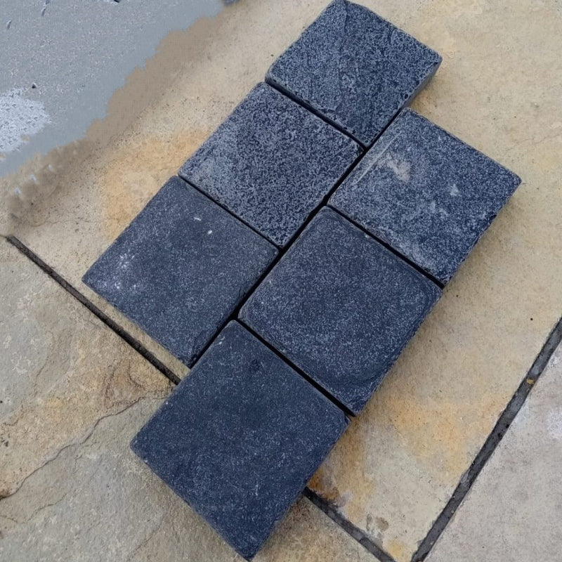 Load image into Gallery viewer, Kota Black Limestone Block Paving - 150 x 150 x 50mm - Sawn, Tumbled &amp; Riven
