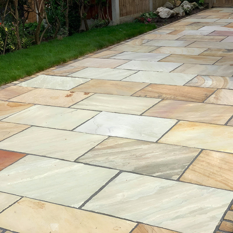 Load image into Gallery viewer, Mint Fossil Indian Sandstone Paving - 900 x 600 x 22mm - Tumbled &amp; Riven
