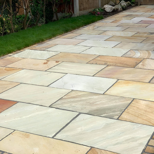 Mint Fossil Indian Sandstone Paving - 900 x 600 x 22mm - Tumbled & Riven