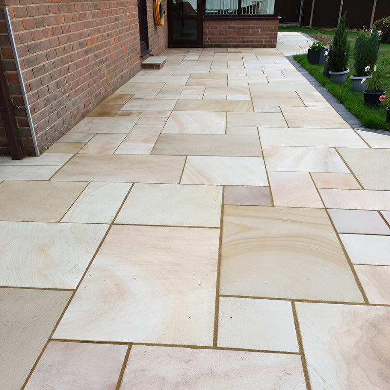 Load image into Gallery viewer, Buff Indian Sandstone Paving - 600 x 600 x 22mm - Sawn &amp; Sandblasted
