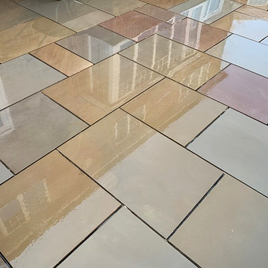 Raj Green Indian Sandstone Paving - Patio Pack - Mixed Sizes - Sawn & Sandblasted