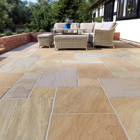 Buff Indian Sandstone Paving - 900 x 600 x 18mm - Hand Cut & Riven