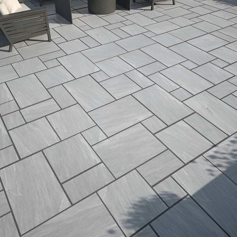 Load image into Gallery viewer, Kandala Grey Indian Sandstone Paving - 18mm Patio Pack - Mixed Sizes - Hand Cut &amp; Riven
