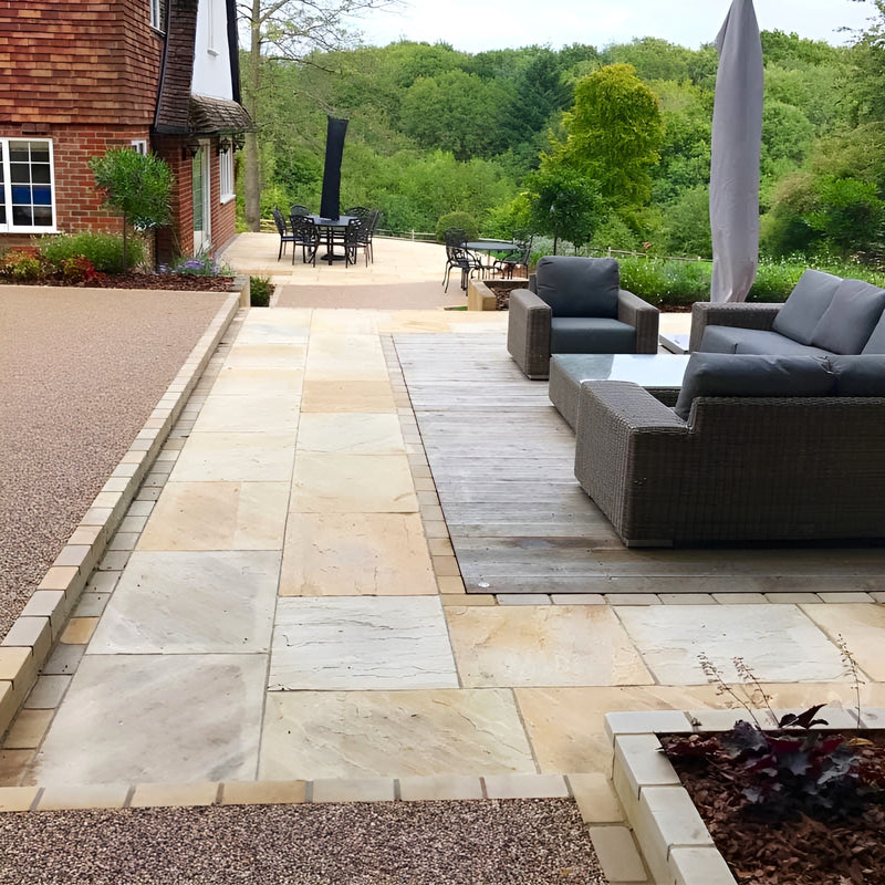 Load image into Gallery viewer, Mint Fossil Indian Sandstone Paving - 900 x 600 x 22mm - Hand Cut &amp; Riven
