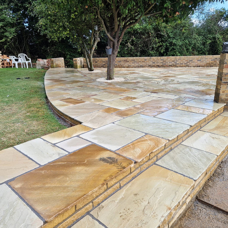 Load image into Gallery viewer, Mint Fossil Indian Sandstone Paving - Patio Pack - Mixed Sizes - Hand Cut &amp; Riven
