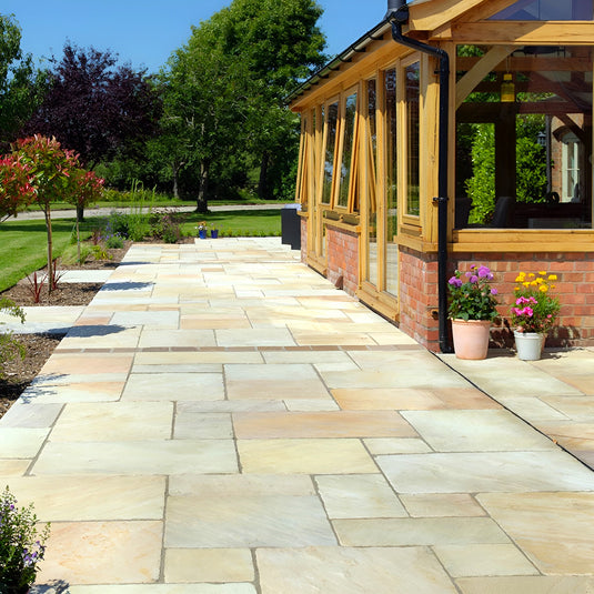 Mint Fossil Indian Sandstone Paving - Patio Pack - Mixed Sizes - Tumbled & Riven